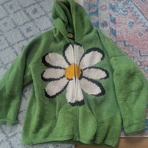 Vintage 100% Wool Zip-Up Green Sweater With Daisy